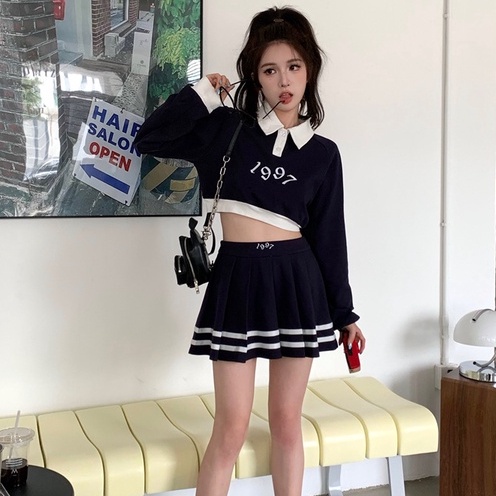 Bộ Áo Nỉ Dài Tay In Họa Tiết + Chân Váy Mini Lưng Cao Xếp Ly Thời Trang Hàn Quốc Cho Nữ