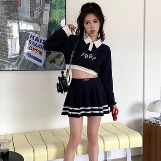 Bộ Áo Nỉ Dài Tay In Họa Tiết + Chân Váy Mini Lưng Cao Xếp Ly Thời Trang Hàn Quốc Cho Nữ #2