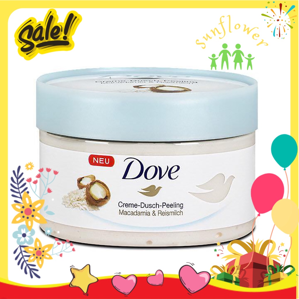 Kem dưỡng tẩy tế bào chết body Dove Creme Dusch Peeling Maccadamia Reismilch 298g hương macca và sữa gạo