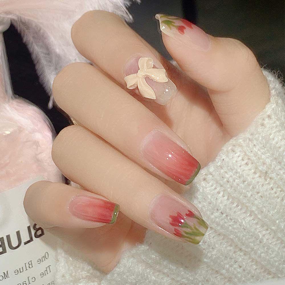 Bộ Móng Tay Giả Ngắn Hình Hoa Tulip / Lá Trà / Hoa Tulip Ngọt Ngào Có Thể Tháo Rời Cho Nữ