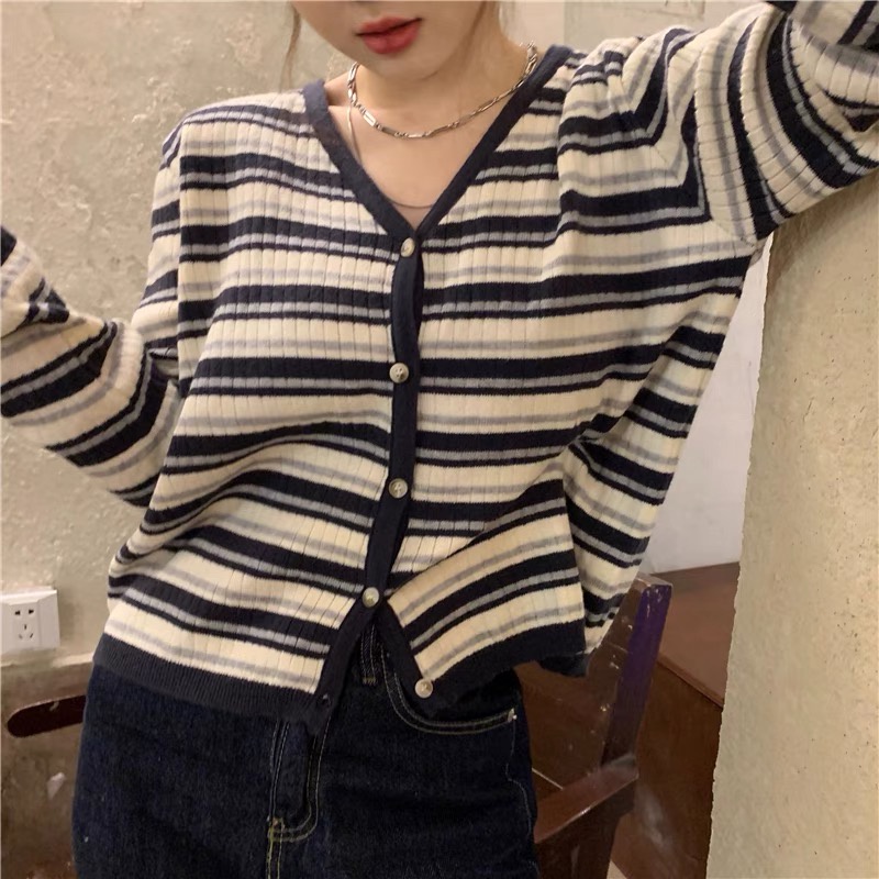COZOK Áo khoác cardigan cổ chữ V kẻ sọc ngang phong cách Hàn Quốc