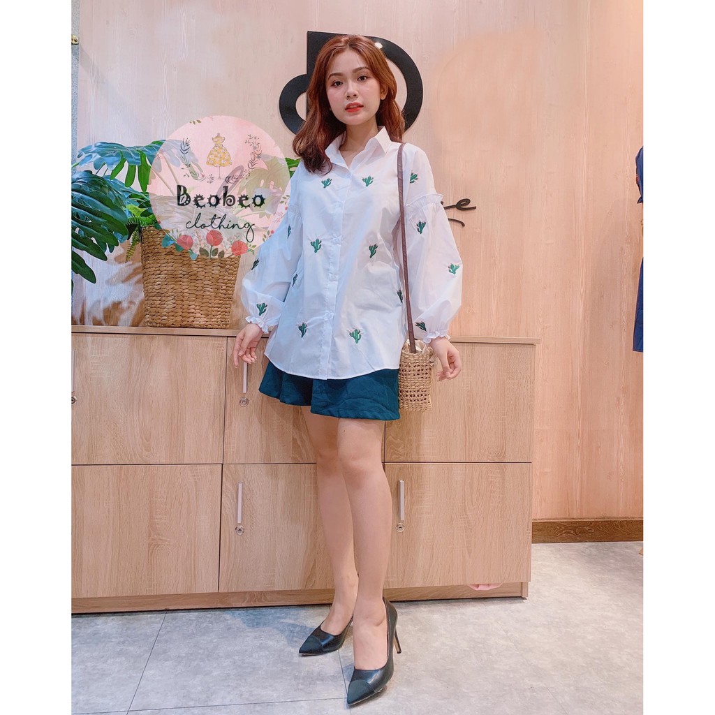 [Ảnh thật] Áo sơ mi thêu hình xương rồng tay bo ulzzang | BigBuy360 - bigbuy360.vn