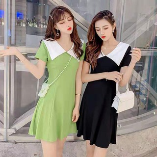 (PE018)Đầm dáng suông cổ Đức phối màu trắng tay ngắn trẻ trung