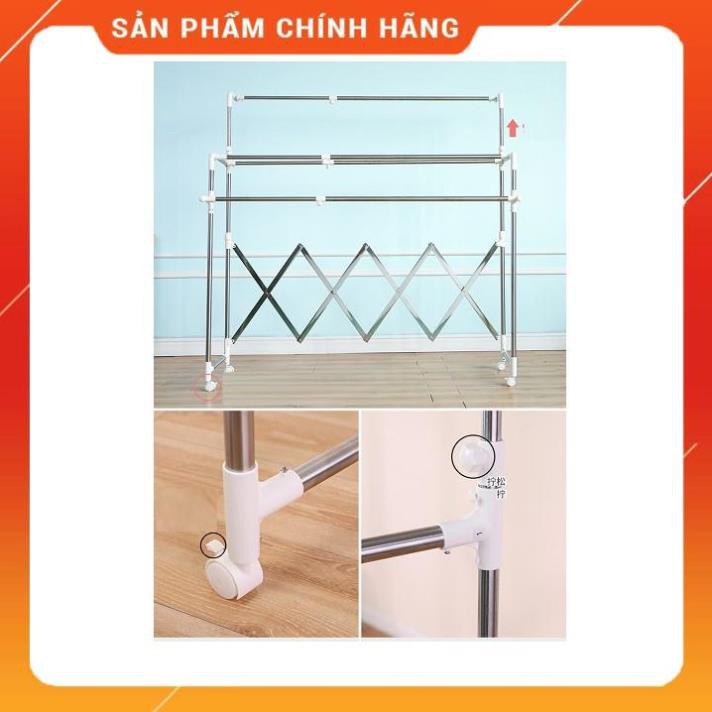 Giàn phơi quần áo inox gấp gọn có bánh xe 360 độ, khung treo quần áo không gỉ 2 và 3 tầng cao cấp