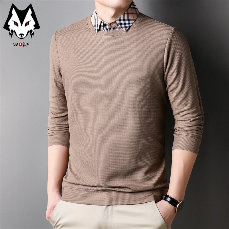 Áo Thun Nam Dài Tay Cổ Tròn Giả Hai Lớp Màu Sắc Thời Trang