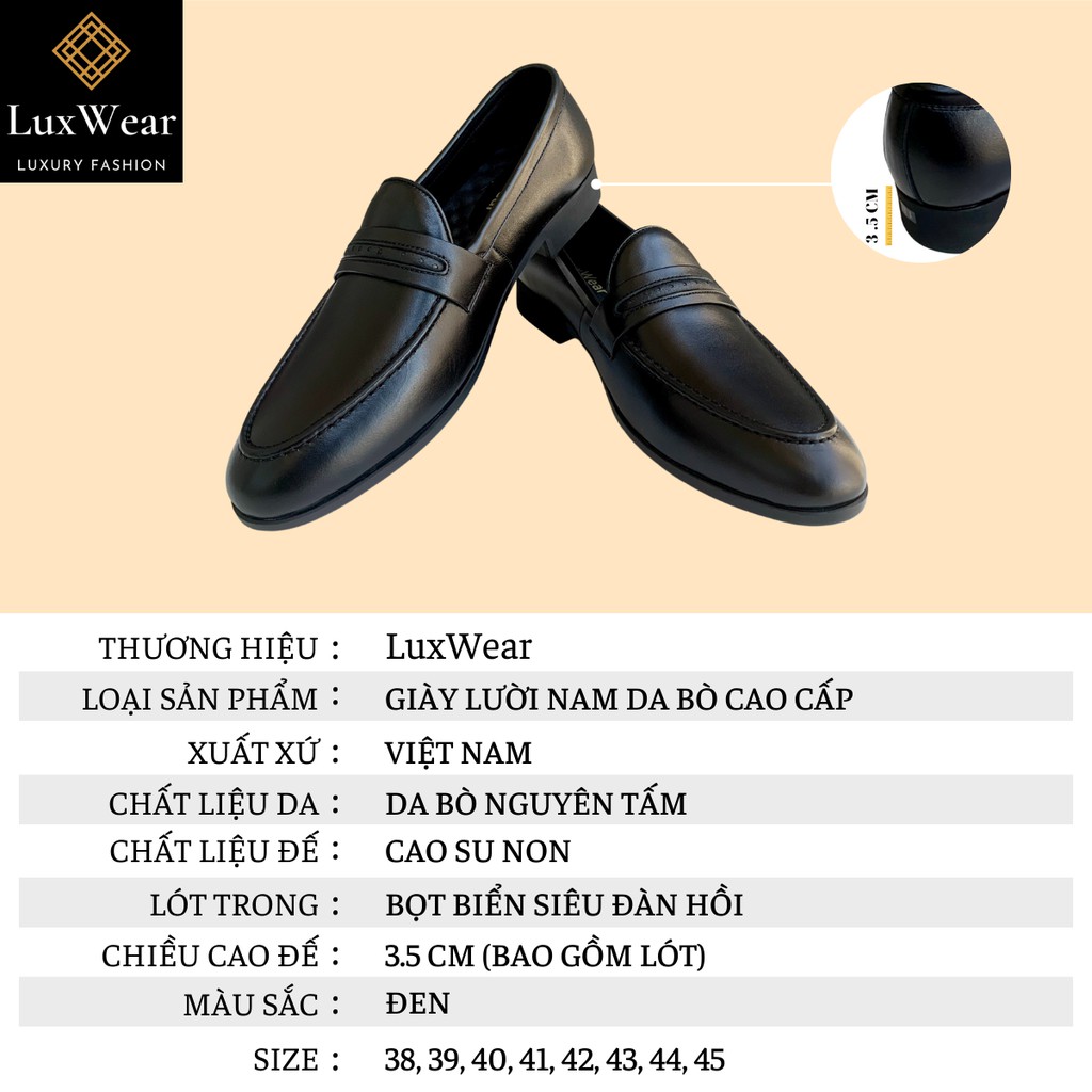 Giày lười nam da bò cao cấp đế khâu LuxWear màu đen có quà tặng kèm tất lười hoặc lót giày cao cấp - GDC