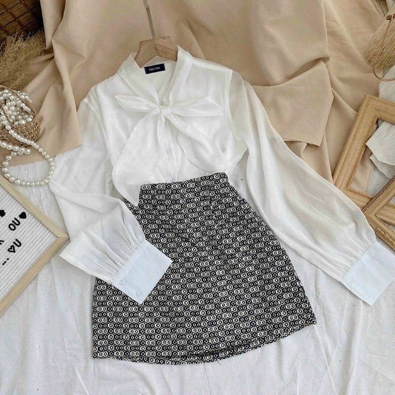 SET ÁO SOMI CỘT NƠ + CHÂN VÁY DẠ [ kèm hình thật ]
