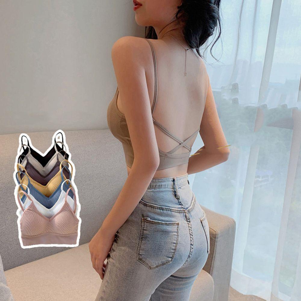 Áo Lót Không Đường May Có Đệm Nâng Ngực Màu Trơn Dây Mỏng Lưng Cho Nữ