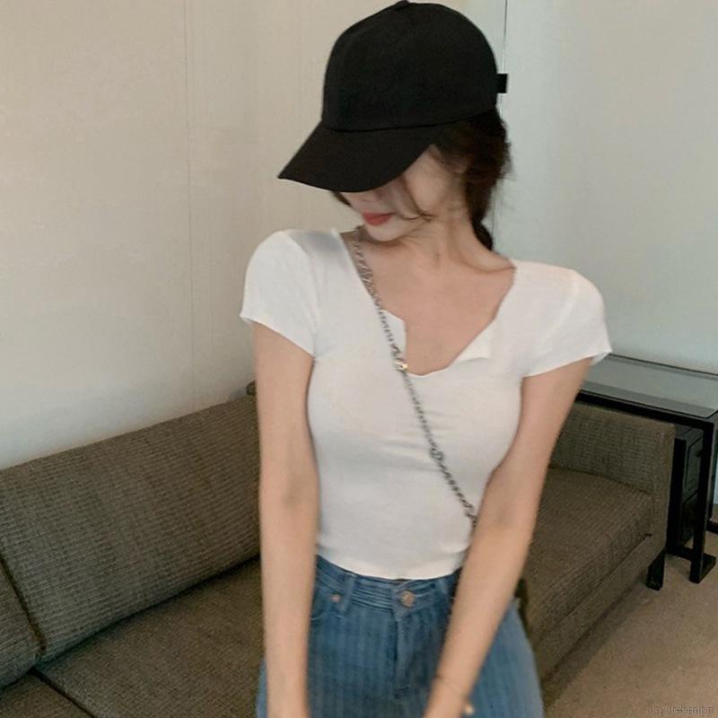 Áo thun croptop ngắn tay dáng ôm cổ chữ V quyến rũ phong cách Hàn Quốc cho nữ