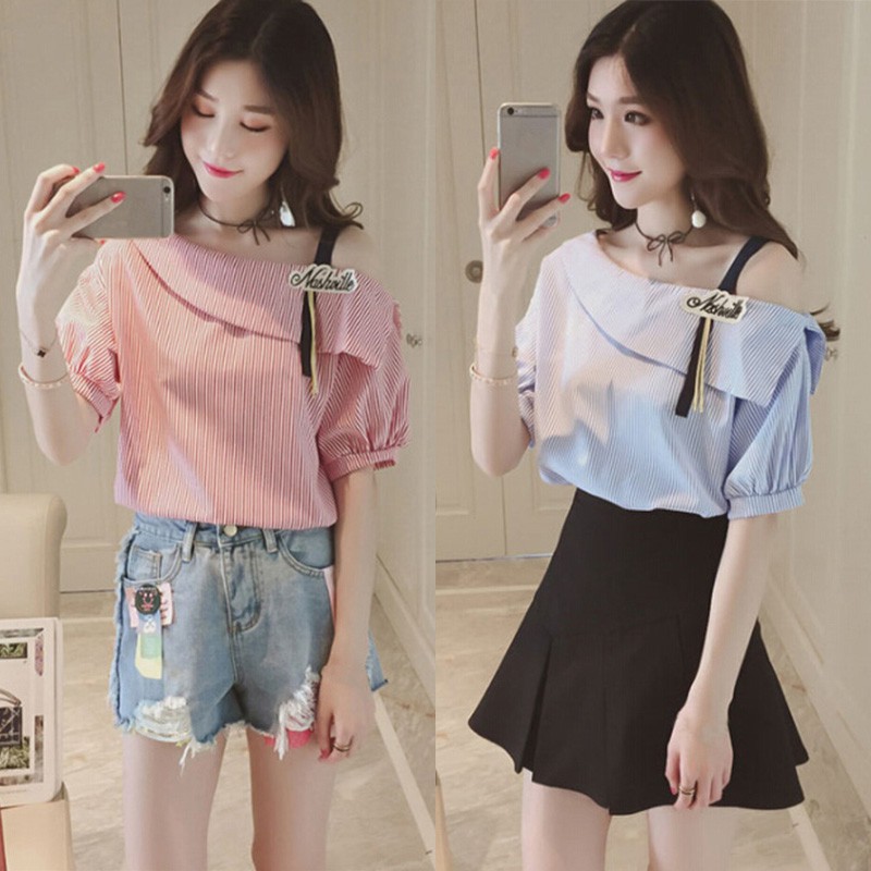 Áo Nữ Kẻ Sọc Trễ Vai Thời Trang