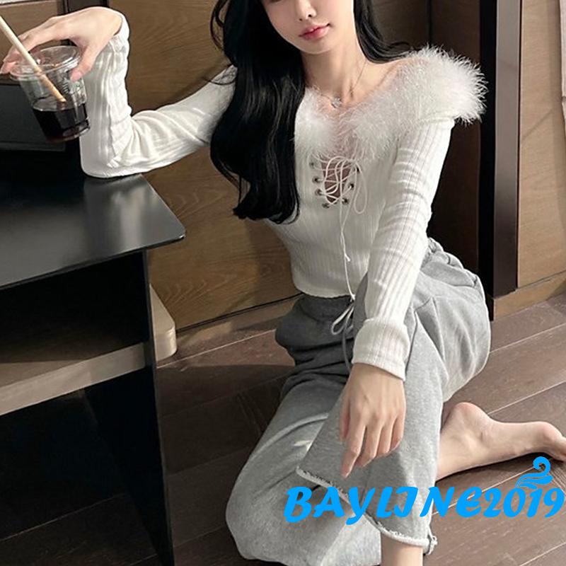 Áo croptop dệt kim tay dài cổ chữ V có dây rút thời trang thường nhật dành cho bạn nữ mặc dự tiệc