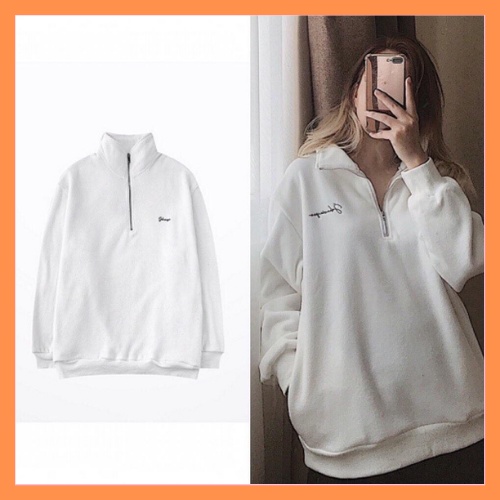 Áo nỉ cổ cao kéo khóa nữ - Sweater khóa cổ chữ ngực dáng rộng Ulzzang - LINH CHI STORE