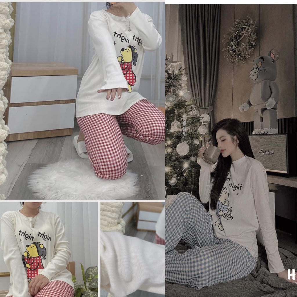 Bộ ngủ gấu quần kẻ cực cute