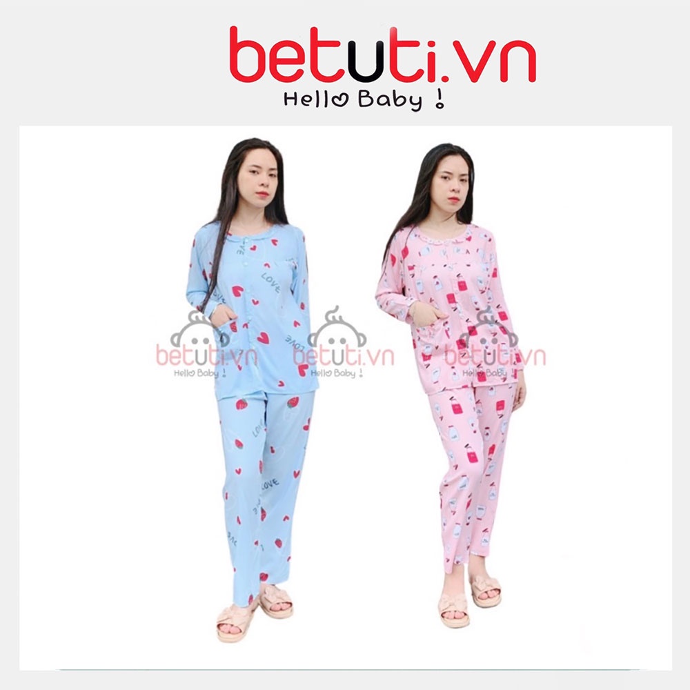 Đồ bộ sau sinh lanh lụa Hàn dài tay mềm mát cho con bú size 50-80kg - betuti