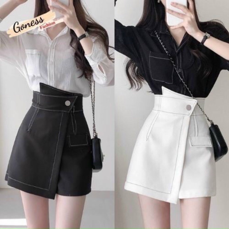 chân váy ngắn dập chỉ nổi viền trắng đen phong cách hàn quốc siêu đẹp
