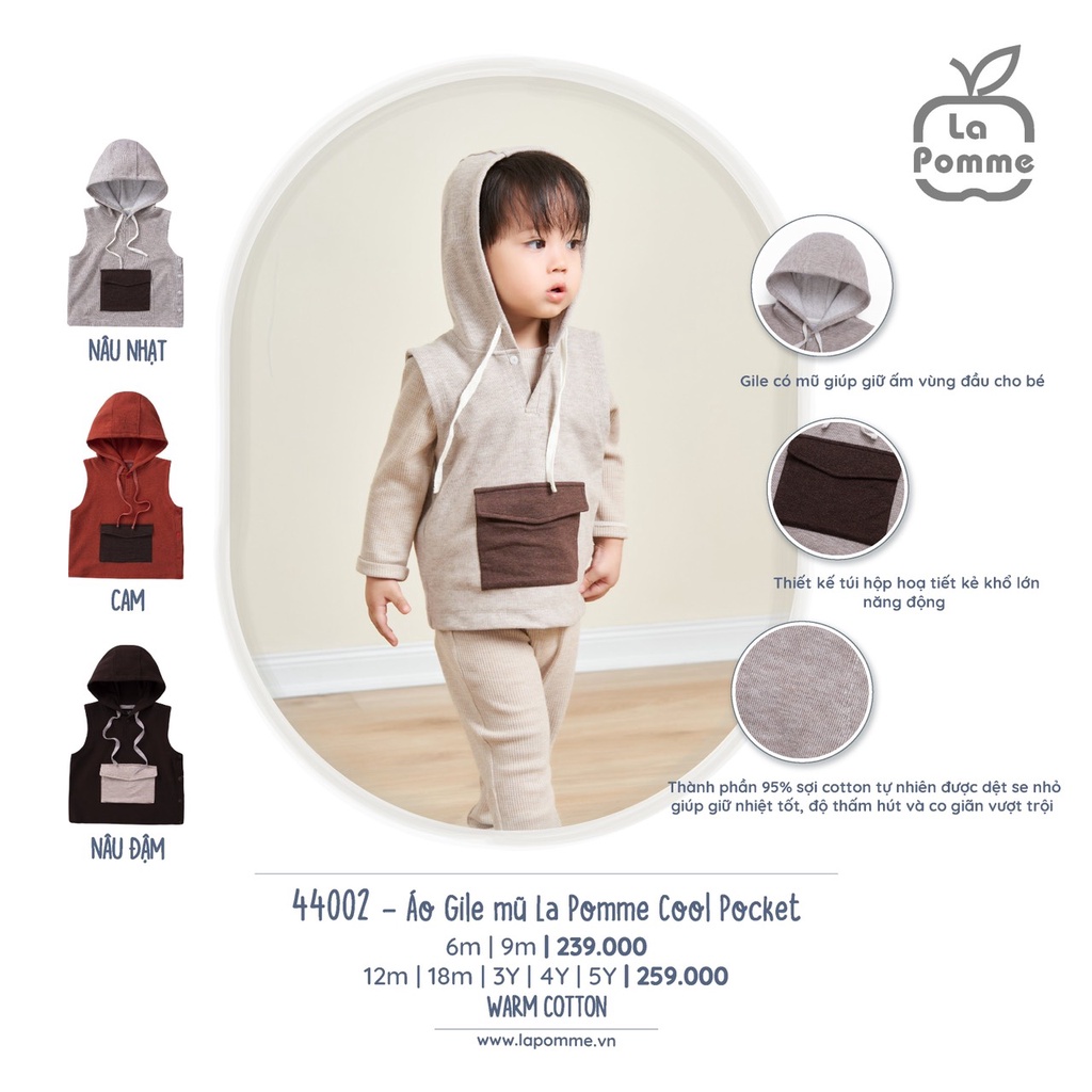Áo gile mũ La Pomme Cool Pocket thu đông dành cho bé trai bé gái ấm áp