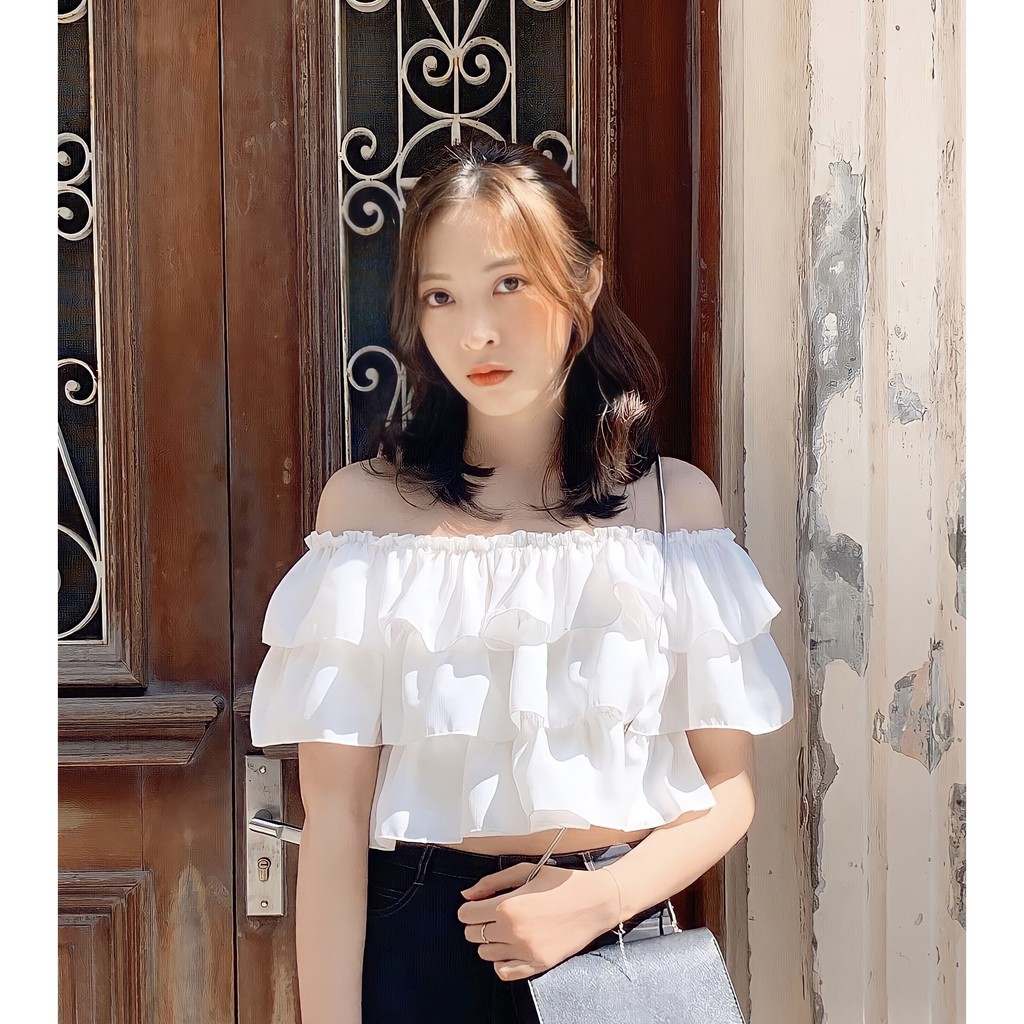 Áo trễ vai croptop 3 tầng đũi chống nhăn co dãn trắng tingoan BOY BYE OFF/WH