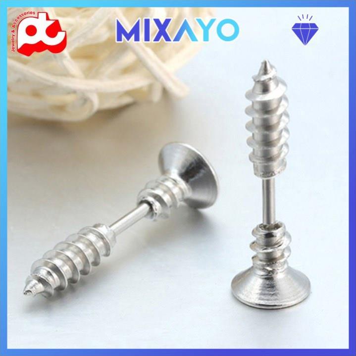 Bông tai nam inox cao cấp thời trang rẻ đẹp titan thép không gỉ kiểu tu vít MIXAYO màu trắng PTBTNA125