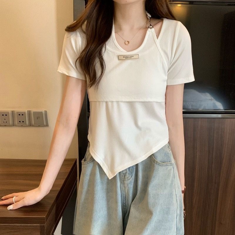 Áo Thun Tay Ngắn Giả Hai Lớp Dáng Ôm Màu Trơn Thời Trang