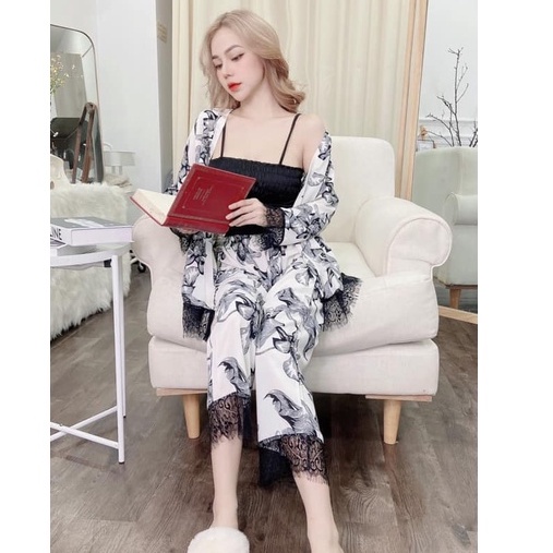 Đồ ngủ nữ họa tiết, set 3 món, có áo choàng, đồ ngủ phối ren, đồ bộ nữ mặc nhà chất liệu lụa satin in họa tiết