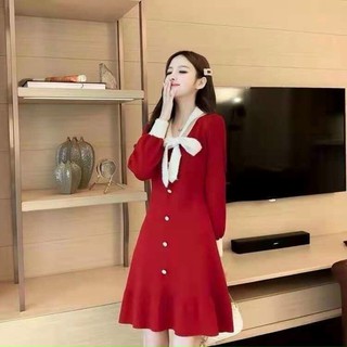 Đầm váy len dáng xoè cổ nơ lông (hàng QC)