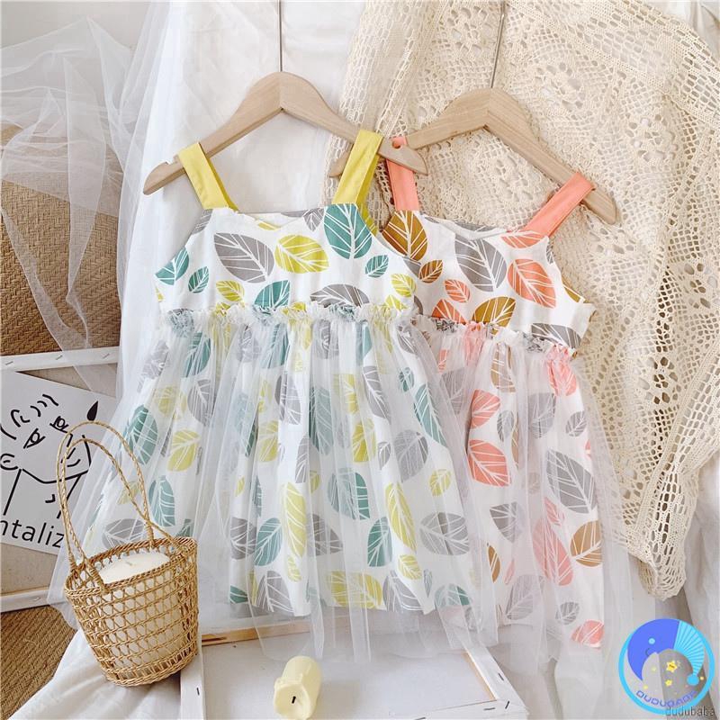 Đầm Hai Dây Phối Lưới Họa Tiết Lá Cây Thời Trang Cho Bé Gái