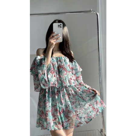 Váy Nữ Hoa Nhí Xanh Ngọc Trễ Vai,Đầm Nữ, Đi Biển, Đi Chơi Chất Liệu Voan Lụa Váy 2 Lớp  Váy Nữ Hoa Nhí Trễ Vai