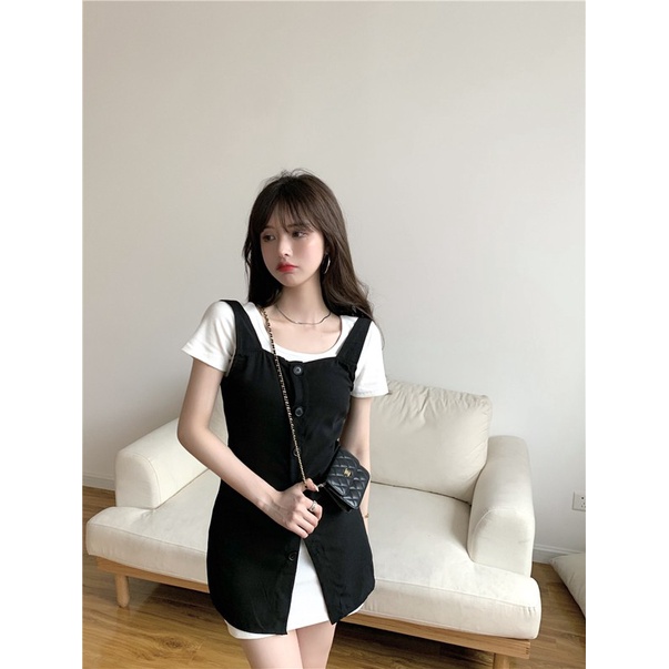 Ladies Fashion Suit Korean Version Black and White Strap Design Vest Plain Short Sleeve Dress Leisure Two-piece Suit