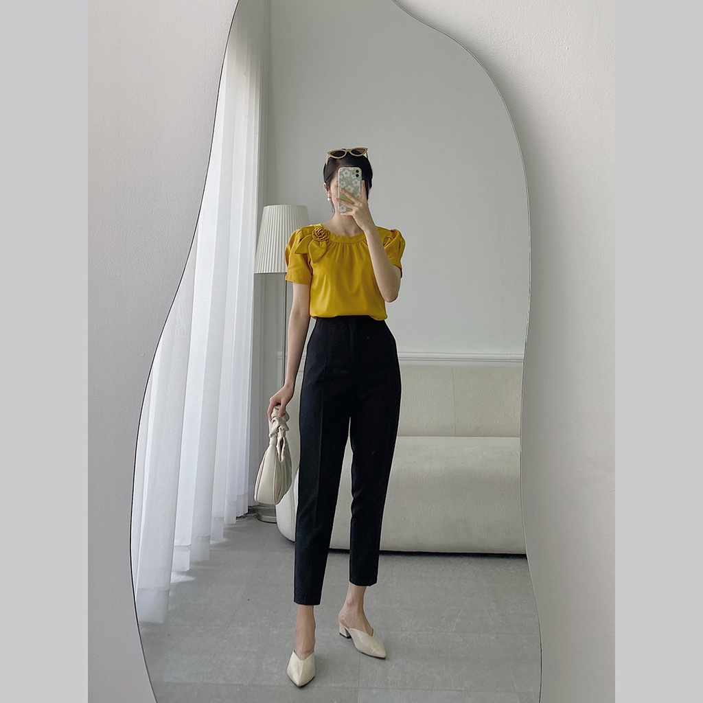 Áo kiểu nữ công sở suông cổ nhún phối hoa thời trang Eden tay ngắn chất liệu lụa mềm mát không nhăn - ASM168