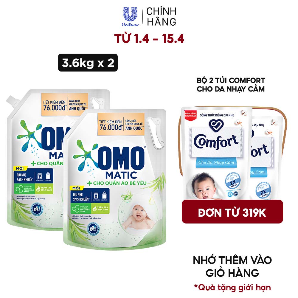 Combo 2 Túi Nước Giặt Omo Matic Baby Cho Quần Áo Bé Yêu 3.6kg/túi