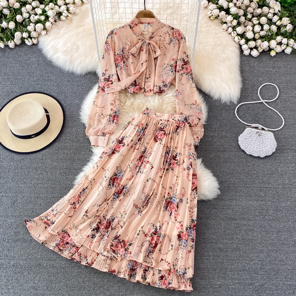 #1750  Bộ đồ thời trang nữ thắt nơ hoa áo sơ mi voan hai mảnh cạp cao xếp ly mùa xuân
