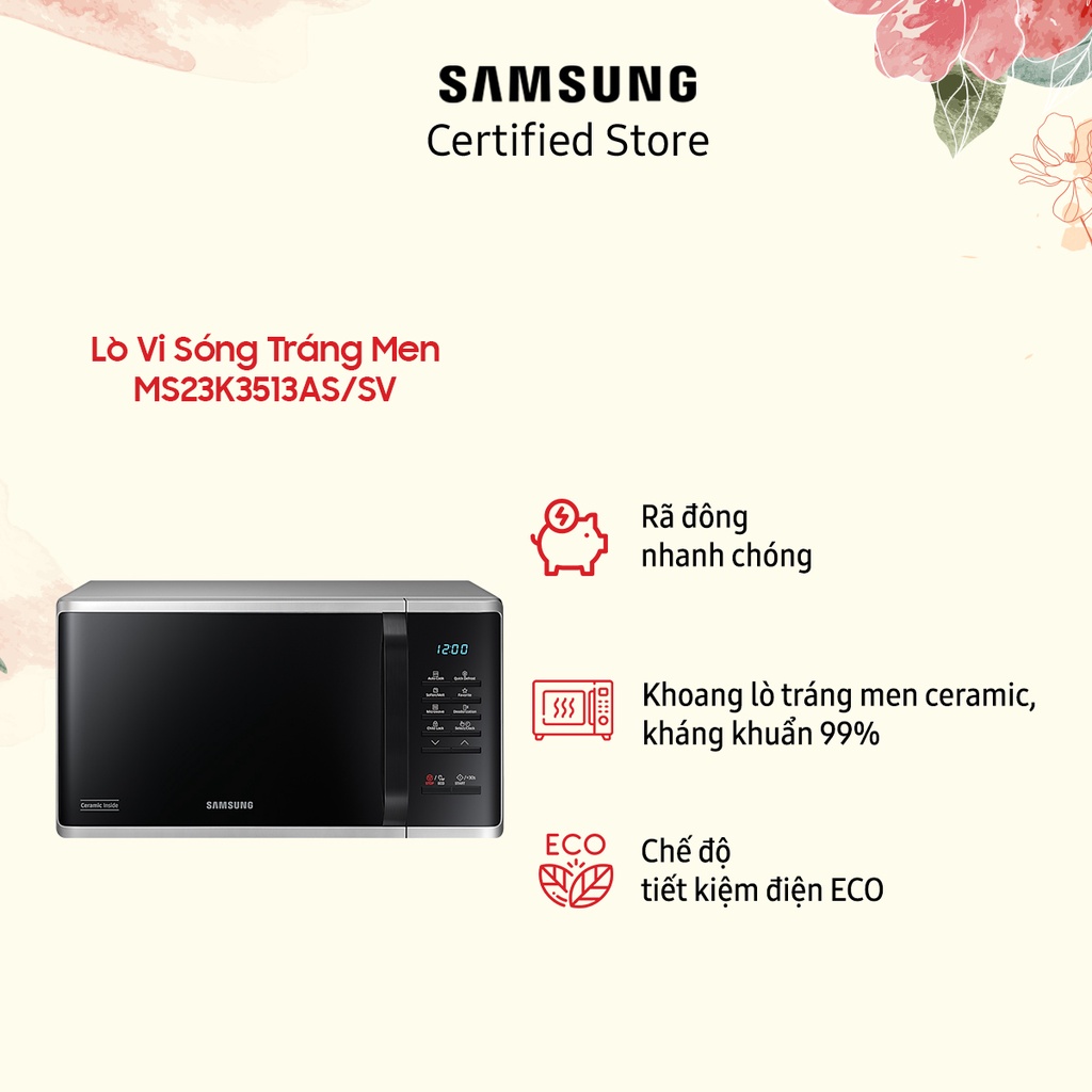 Lò vi sóng Samsung Dòng Vi Sóng (MS23K3513AS) | 23L | 1150W | Rã đông nhanh | Khoang lò gốm | Nhập Malaysia | Chính hãng