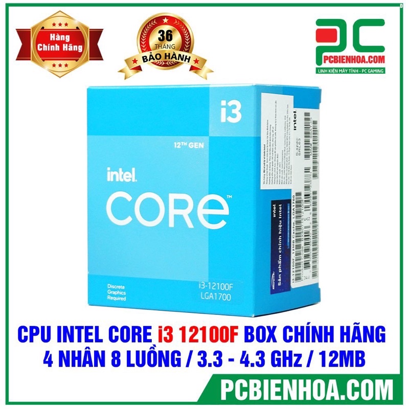 CPU Bộ vi xử lý INTEL CORE I3 12100F NEW BOX chính hãng 36T