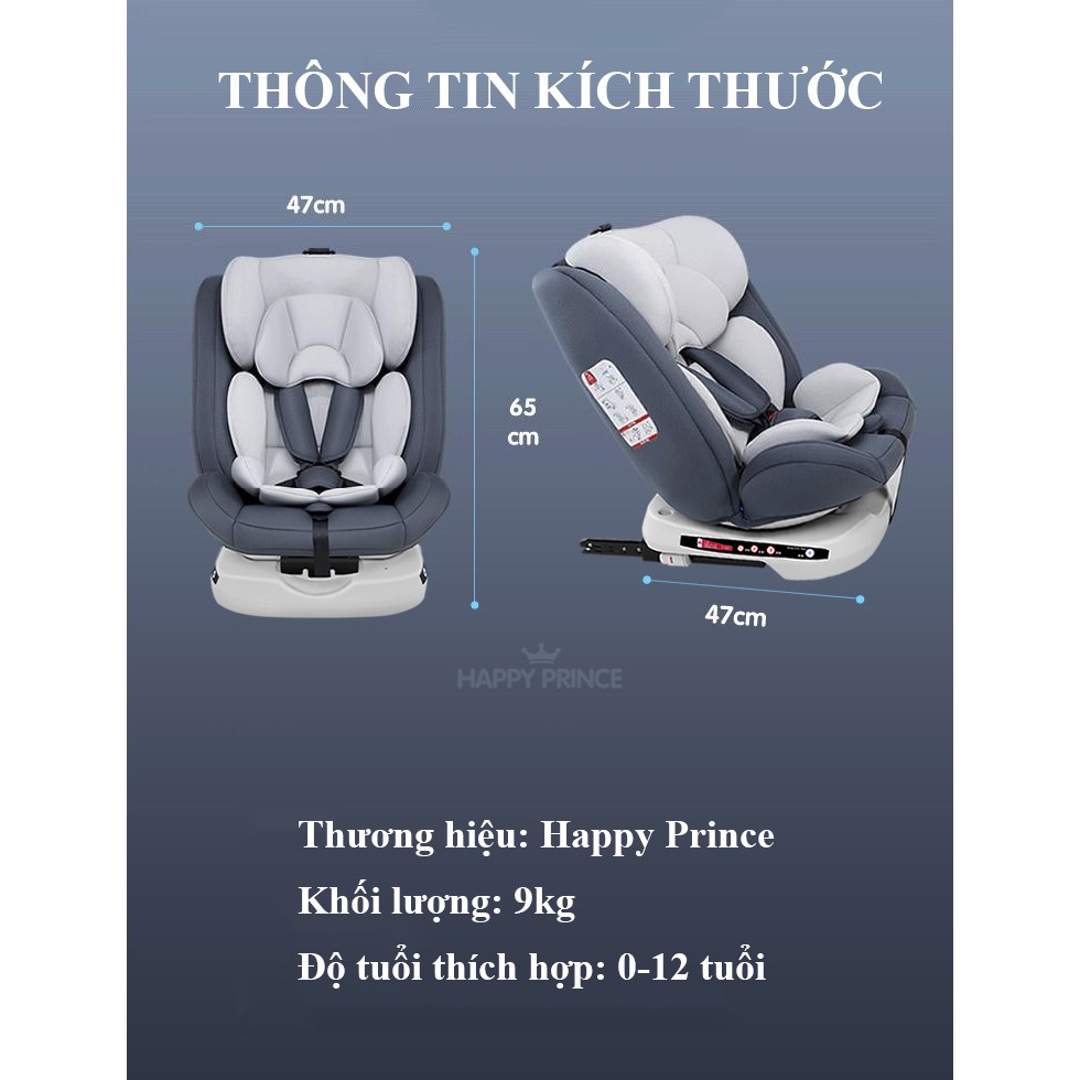 Ghế ô tô cho bé HAPPY PRINCE 0-12 tuổi, điều chỉnh 4 tư thế từ nằm tới ngồi, ngã 165 độ, điều chỉnh độ ca