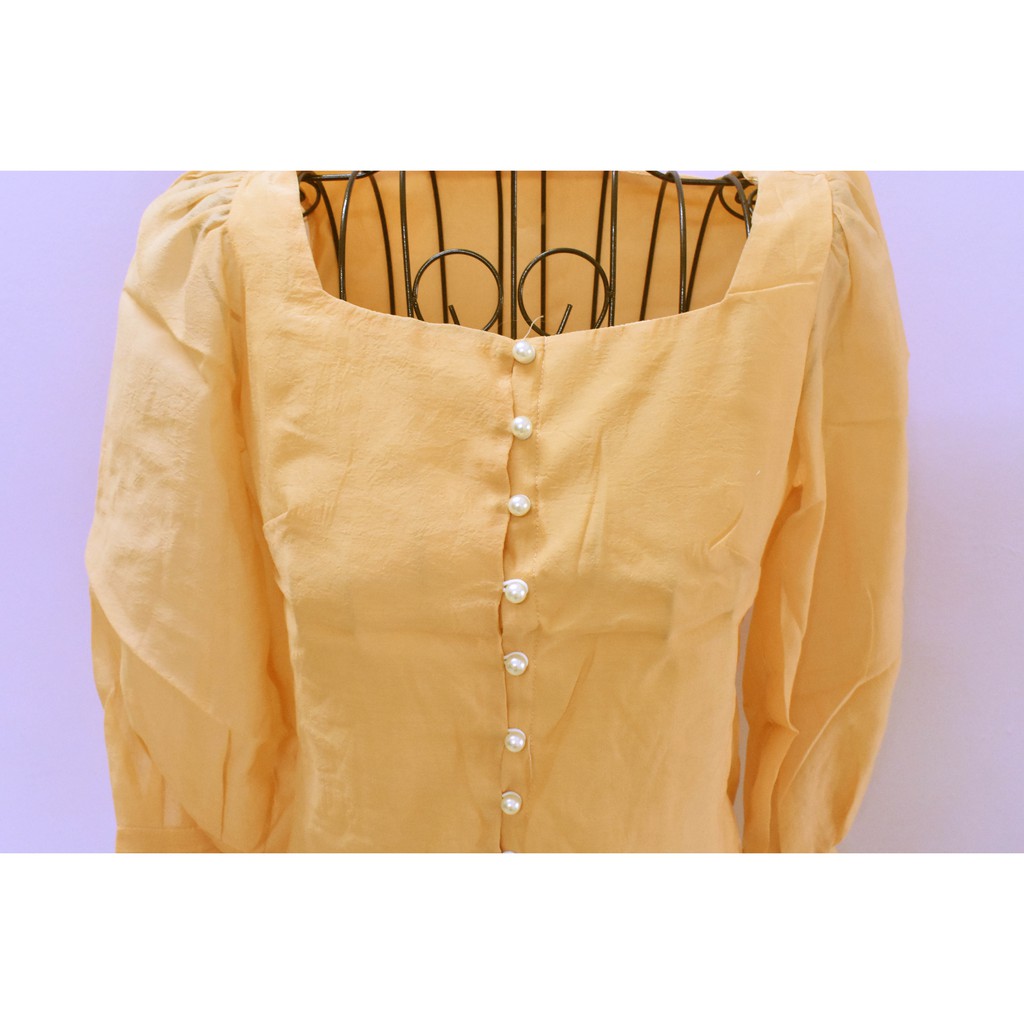 Áo sơ mi croptop cổ vuông tay dài thắt nơ, may 2 lớp (BT053)