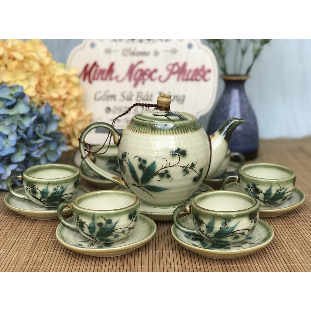 Bộ Ấm trà Sứ Bát Tràng hoa trúc xanh
