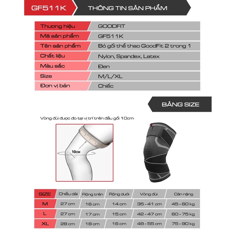 Bó bảo vệ đầu gối chơi thể thao chạy bộ, cầu long, tennis, đá bóng 2 trong 1 GoodFit GF511K