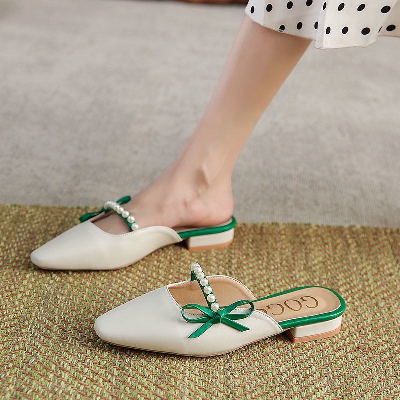 Pearl half slipper female summer outer wear middle heel bow fairy cool drag Baotou lazy Muller shoes half support women's shoes