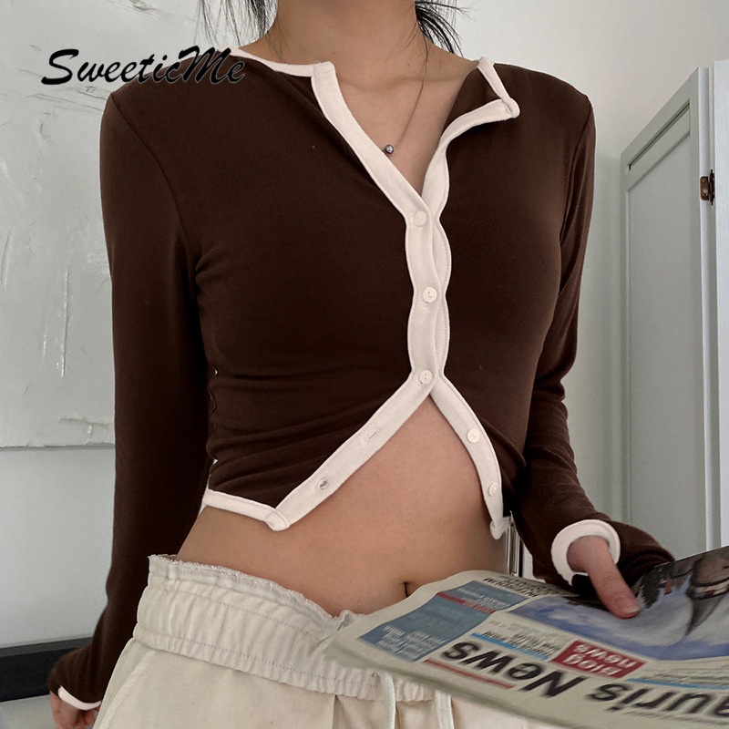 Áo Thun Tay Dài Dáng Ôm Màu Sắc Tương Phản Thời Trang   Dành Cho Nữ