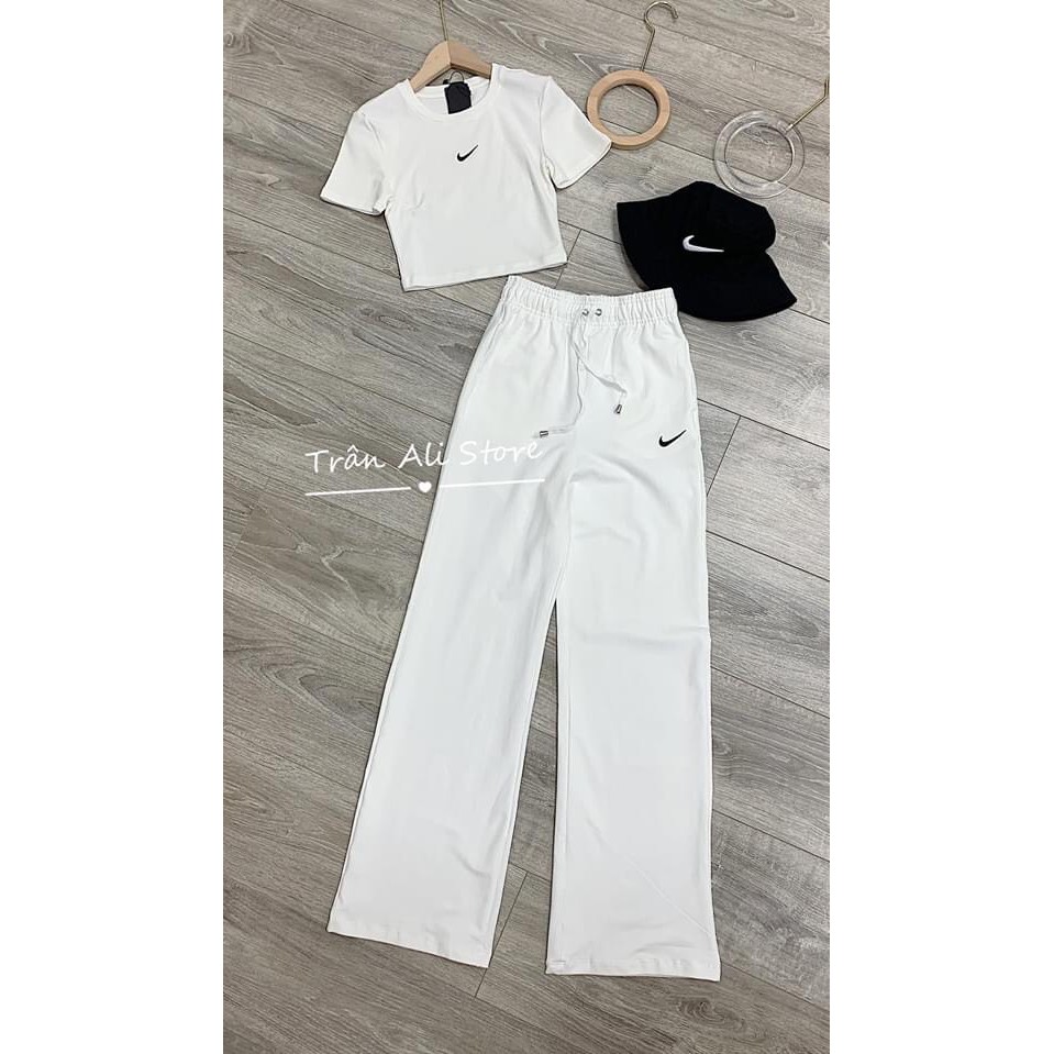 [Mã WASTCOOL giảm 15% tối đa 50K đơn 99K] bộ quần ống rộng áo croptop thêu phẩy hai màu đen trắng cơ bản | BigBuy360 - bigbuy360.vn