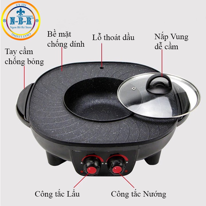 Bếp Lẩu Nướng,Bếp Điện Đa Năng 2 Nút Chỉnh Nhiệt Độc Lập,Sử Dụng Thuận Tiện Dễ Dàng, Tiết Kiệm Không Gian,Xào Rán Nấu