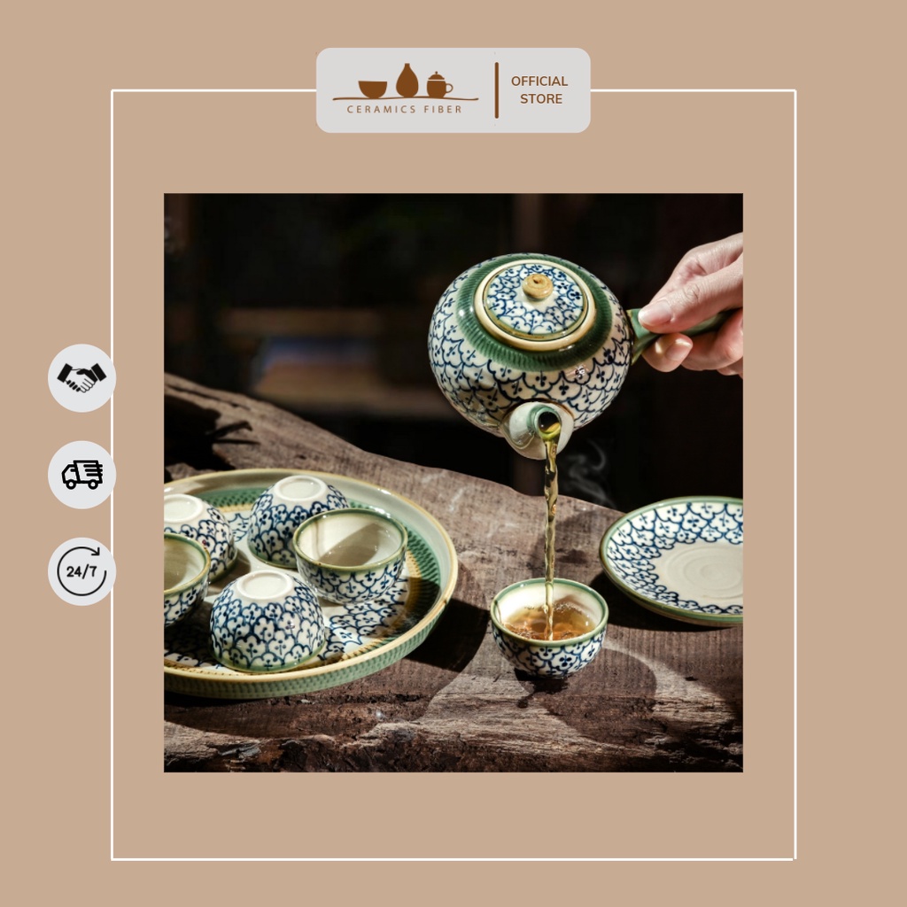 Bộ ấm trà Bát Tràng có chuôi cầm & khay đựng bằng sứ hình tròn - Ấm chén trà đạo Nhật Bản - Ceramics Fiber