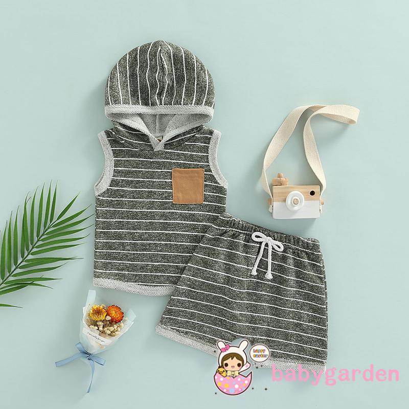 Bộ Áo Hoodie Không Tay Kèm Quần Short Dây Rút Thời Trang Mùa Hè Cho Bé Trai 0-3 Tuổi