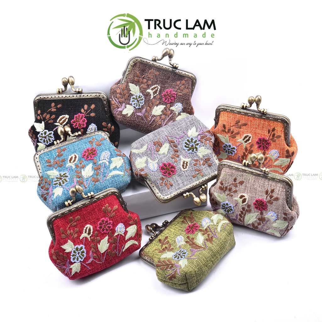 Ví Xu Cầm Tay Mini Khóa Nẹp Đồng Vải Gai Thêu Tay Họa Tiết Hoa Cỏ - Trúc Lâm Handmade