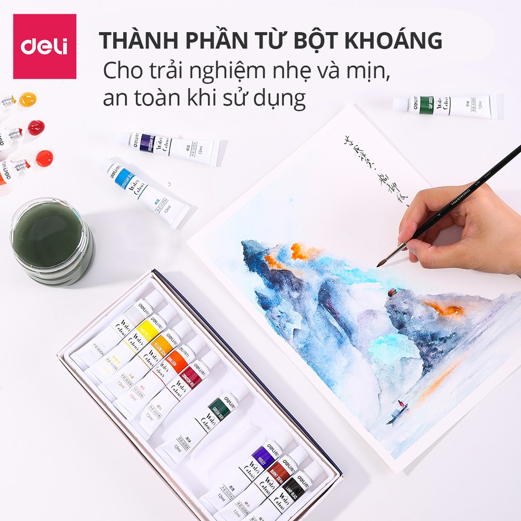 Màu nước dạng tuýp Deli - 12 màu/18 màu/24 màu - 73850 / 73851 / 73852