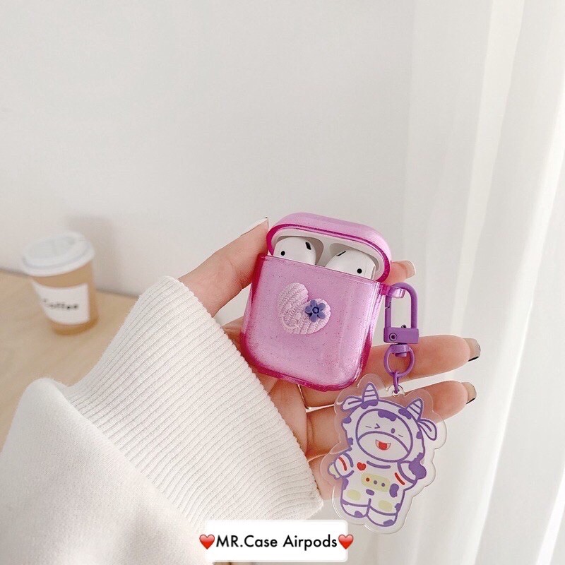 Case Airpods 1/2 /Pro Vỏ Ốp Tai Nghe Màu Tím Trơn Tim Nổi ( kèm móc bò sữa  )?- Mr.Case AirPods