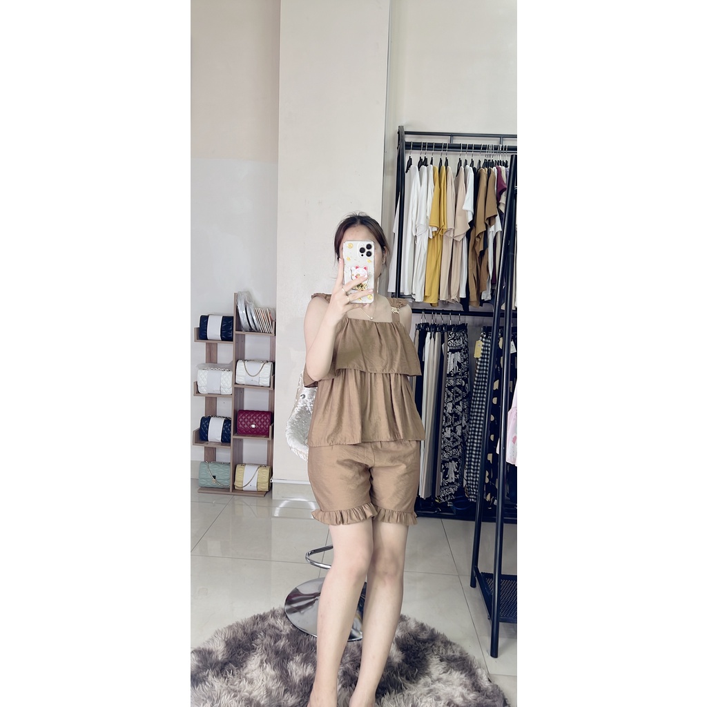 Bộ mặc nhà 2 dây bản to quần đùi mát mẻ, chất vải đũi nhẹ tênh lên dáng tiểu thư Minxu Shop SE03