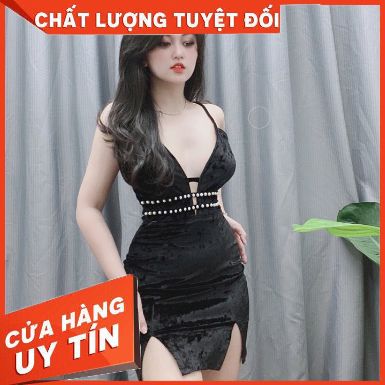 ✔️hienphamstore✔️ Đầm nhung 2 dây đính cườm CAO CẤP, hở eo ngang đùi đi tiệc - DN8443