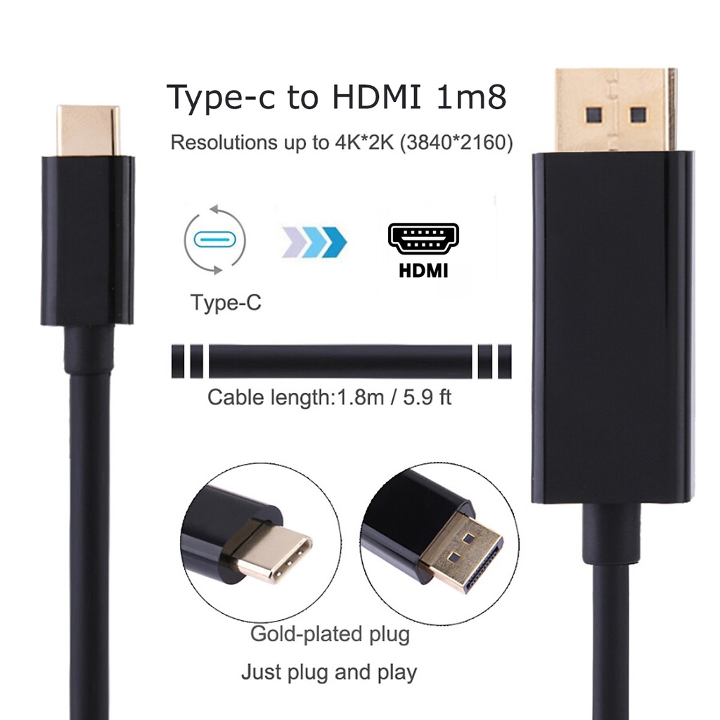 Cáp chuyển Usb Type-c ra HDMI dài 1m8 cho Macbook, Surface, Dell XPS