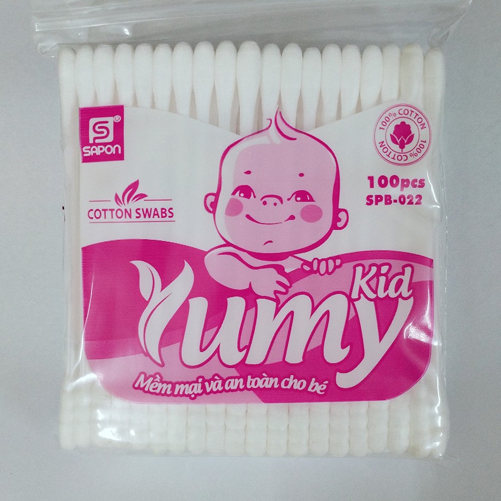 Tăm bông trẻ em YUMY KIDS 100 que 1 đầu xoắn - Bông tự nhiên 100% mềm mại, an toàn